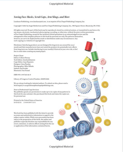 A scanned book page from Chippa Publishing Company titled 'Sewing Face Masks, Scrubs, Arm Sleeves, and More' with copyright text, a small photo of a pink face mask, and a labeled diagram showing parts of a blue scrub mask with numbered callouts.
Photo by Angie Herbertson [additional_image_link]
