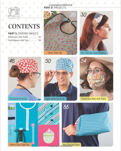 A printed sewing pattern contents page showing multiple project thumbnails, including scrubs, a headband, a face mask, and a pocket square, with page numbers and titles. This is not a clean product photo of a single physical item being sold, and it functions as a digital preview/cover page for a sewing project booklet, so subject_type is Other rather than Product/Packaging.
Photo by Angie Herbertson [additional_image_link]