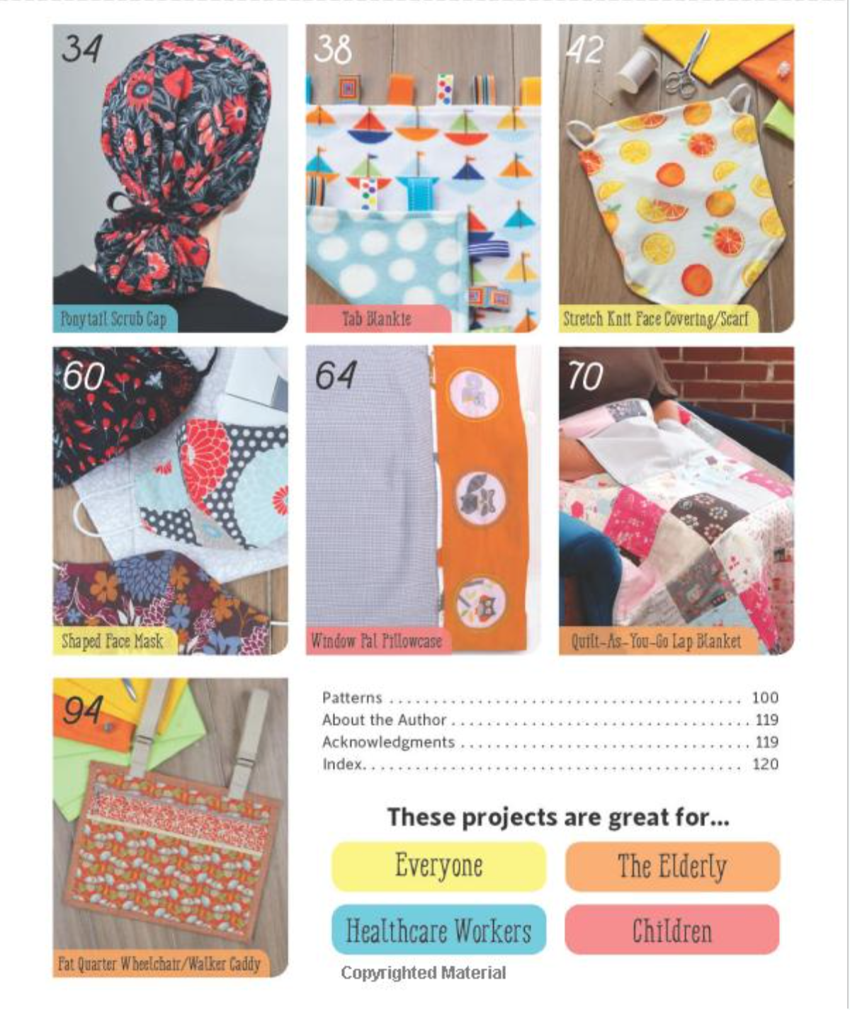 A catalog-style collage showing multiple sewing pattern covers and finished quilted/cabriolet projects, with numbered thumbnails, titles, and text blocks reading 'These projects are great for.
Photo by Angie Herbertson [additional_image_link]