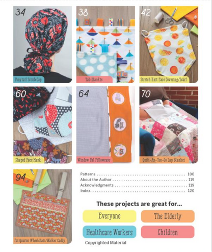 A catalog-style collage showing multiple sewing pattern covers and finished quilted/cabriolet projects, with numbered thumbnails, titles, and text blocks reading 'These projects are great for.
Photo by Angie Herbertson [additional_image_link]