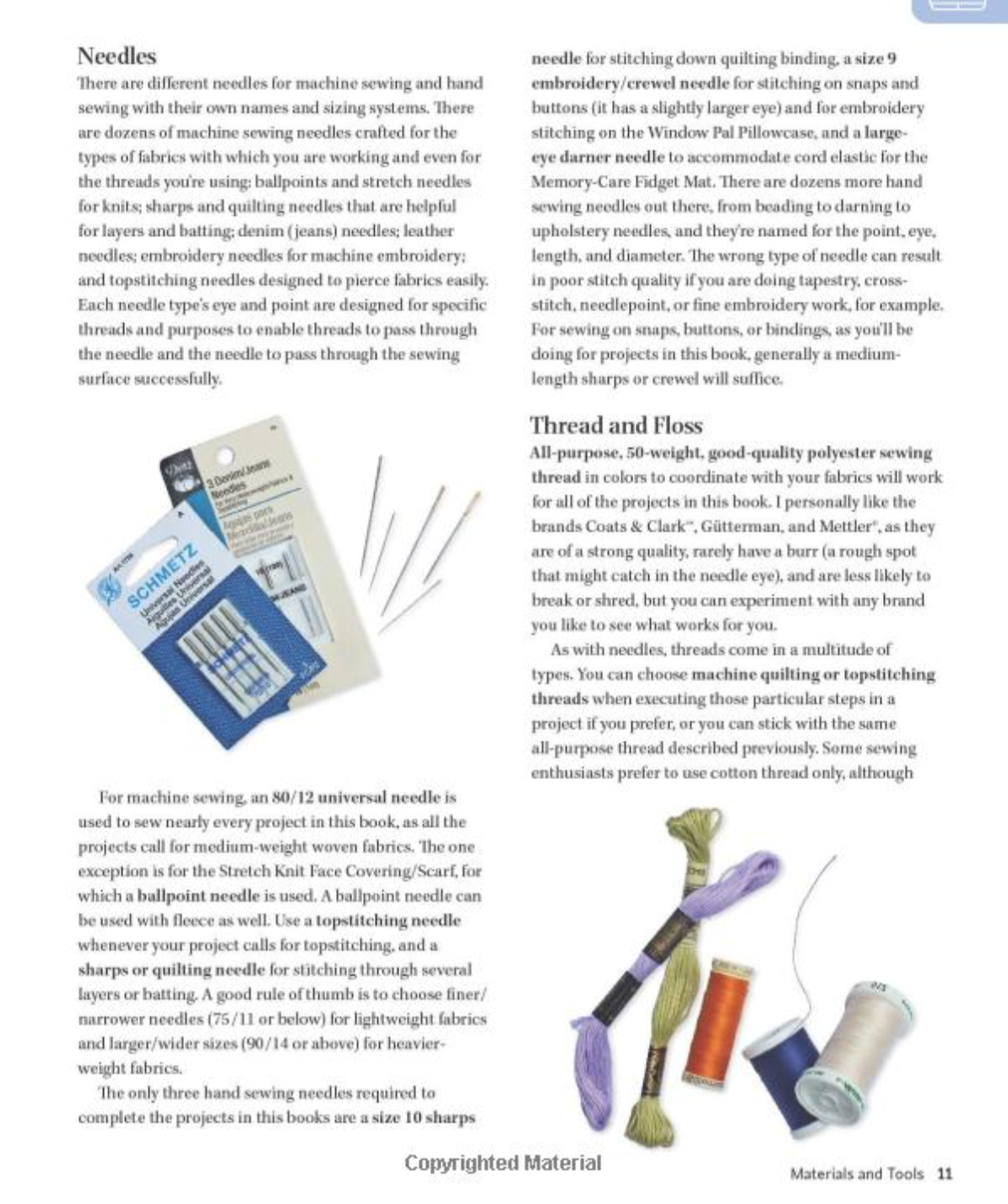A page of printed sewing instruction text with headings 'Needles' and 'Thread and Floss,' showing descriptive paragraphs and small diagrams or illustrations related to sewing needles and thread types.
Photo by Angie Herbertson [additional_image_link]