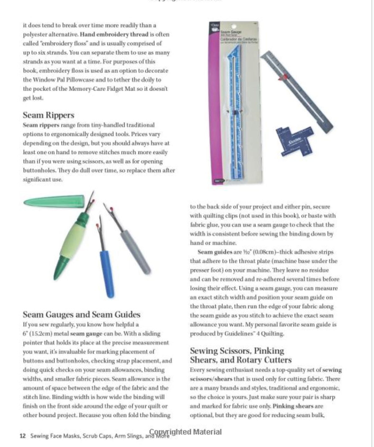 A printed sewing pattern sheet with black text on a white page, featuring sections titled 'Seam Rippers,' 'Seam Gauges and Seam Guides,' and 'Scissors, Pinking Machines, and Rotary Cutters,' plus a small inset photo of a hand holding a curved seam ripper.
Photo by Angie Herbertson [additional_image_link]
