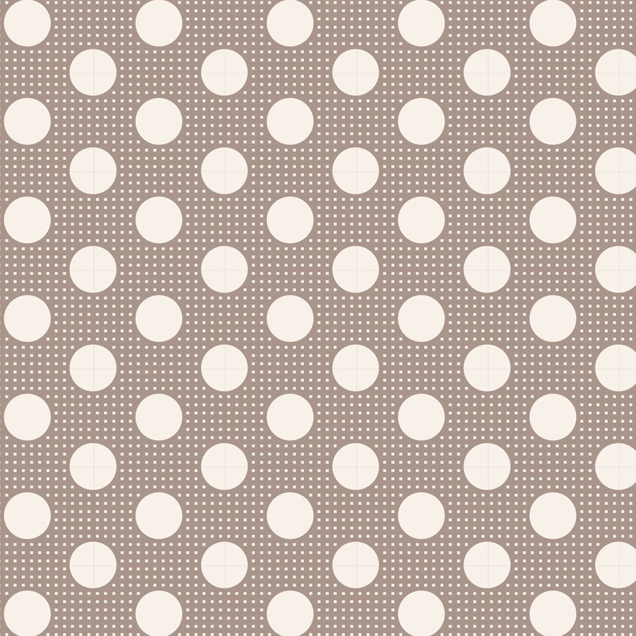 A repeating pattern of large off-white polka dots on a warm taupe-gray background with fine dotted lines.
Photo by Tilda [additional_image_link]