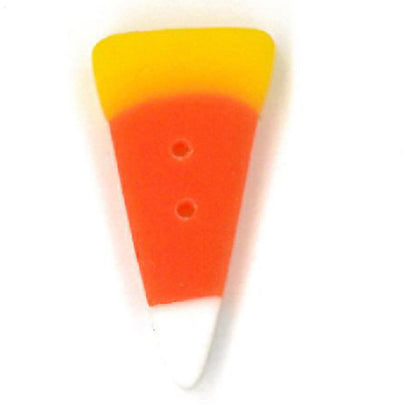 A candy corn shaped button with three holes, featuring yellow, orange, and white sections, on a white background.
Photo by JABC.com [additional_image_link]