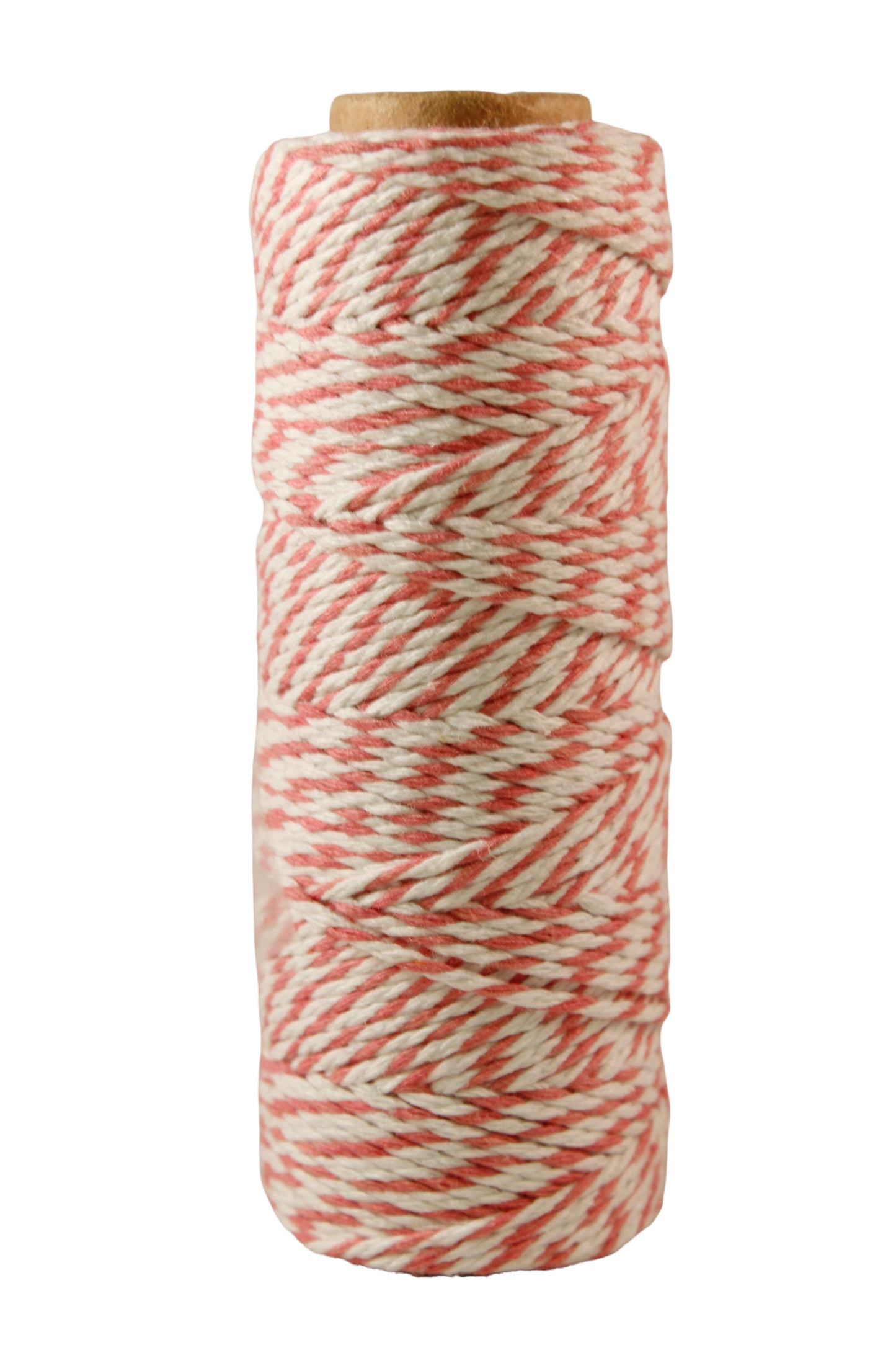 A spool of twisted cotton bakers' twine in a peach and white striped pattern, wound on a natural wood core, isolated on a white background.
Photo by May Arts [additional_image_link]