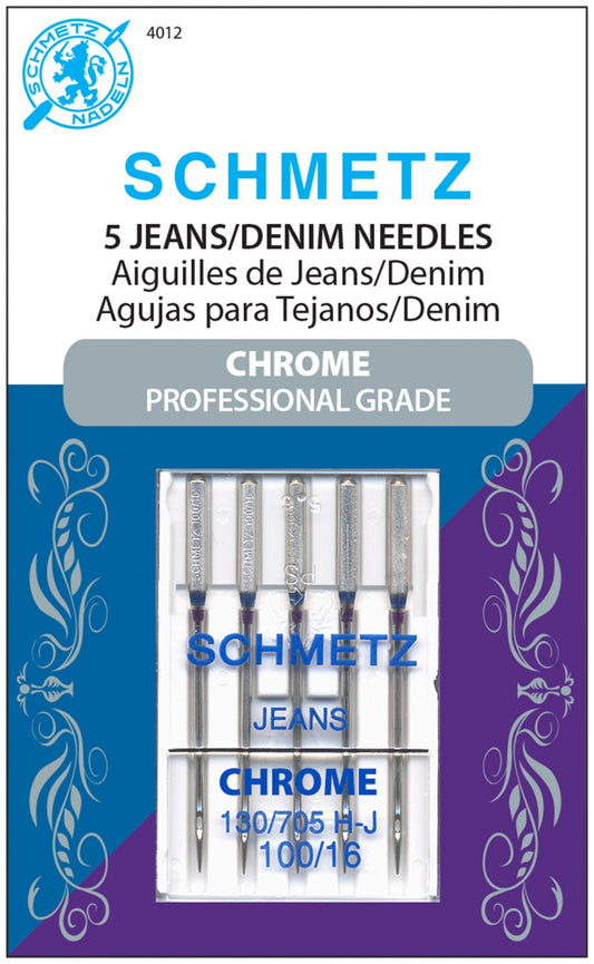 Packaging of Schmetz Chrome Denim Needles, displaying 5 needles for jeans and denim fabrics.
Photo by Schmetz [image_link]