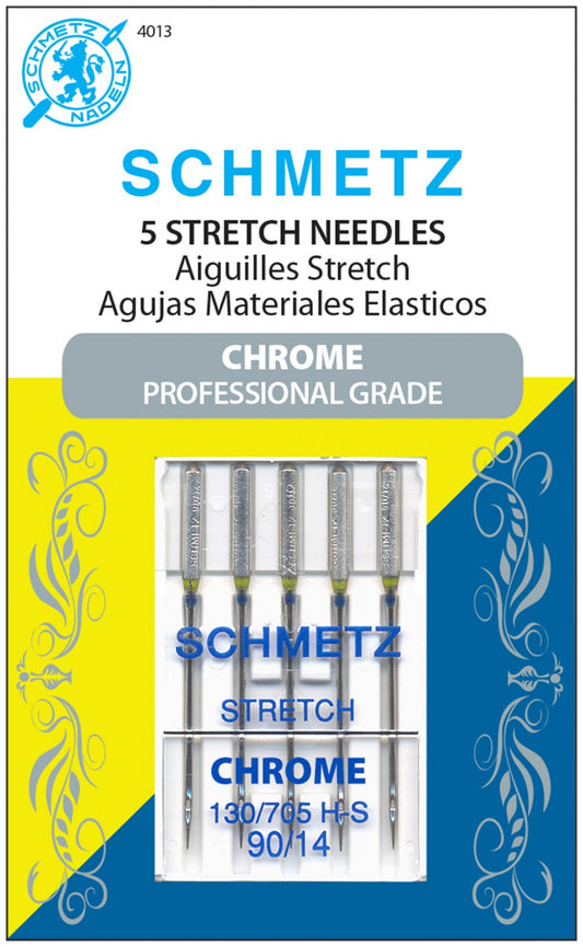 Schmetz 5 Stretch Needles in a blue, yellow, and white retail package, featuring chrome steel needles visible in a clear plastic window.
Photo by Schmetz [image_link]