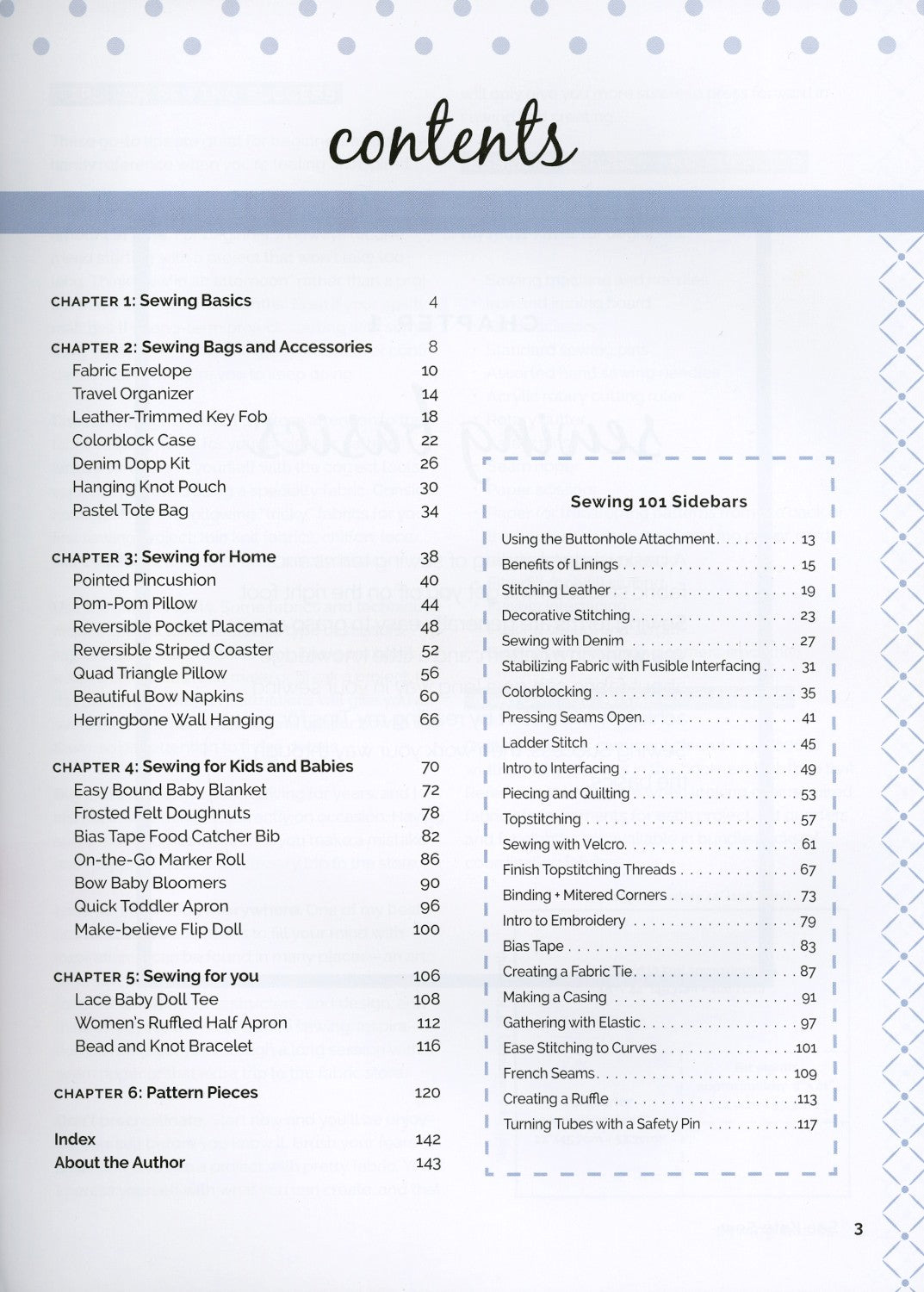 A printed contents page from a sewing book or guide, showing chapter and section titles such as 'Sewing Basics,' 'Sewing for Home,' 'Sewing for Kids and Babies,' and 'Sewing for You' in a black serif font on a white page with a light gray dotted border.
Photo by See Kate Sew [additional_image_link]