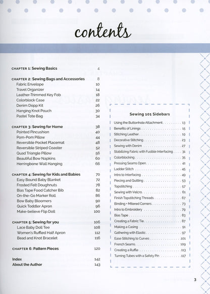 A printed contents page from a sewing book or guide, showing chapter and section titles such as 'Sewing Basics,' 'Sewing for Home,' 'Sewing for Kids and Babies,' and 'Sewing for You' in a black serif font on a white page with a light gray dotted border.
Photo by See Kate Sew [additional_image_link]