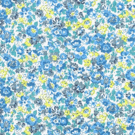 A section of fabric from the Petite Garden Lawn collection by Sevenberry, featuring a watercolor blue floral print on a white background.
Photo by RobertKaufman.com [image_link]