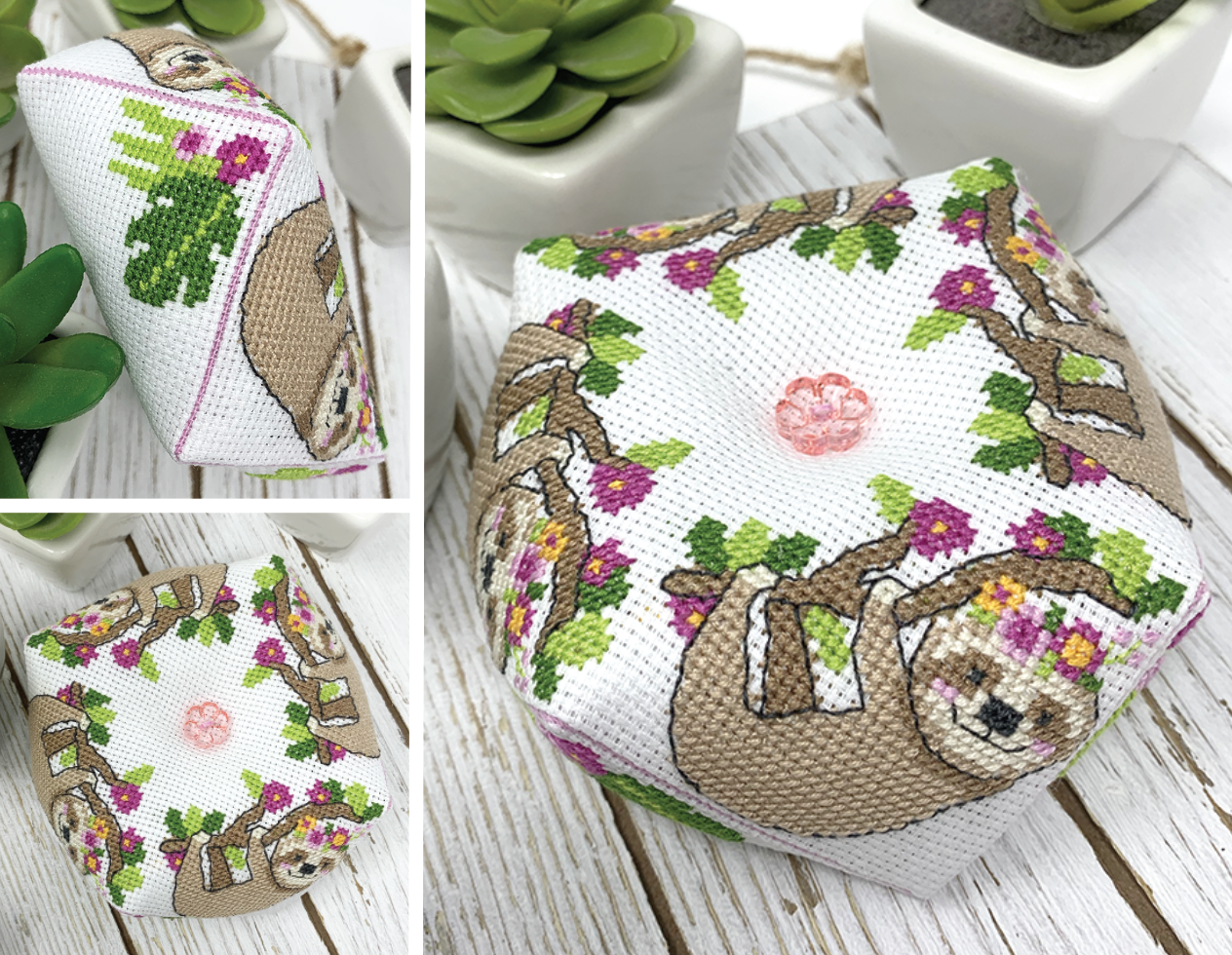 A small fabric jewelry box with a cross-stitch style sloth and floral pattern, shown in a collage with close-up views and a small pink gemstone insert, set on a white wood surface with potted plants.
Photo by Tiny Modernist [additional_image_link]