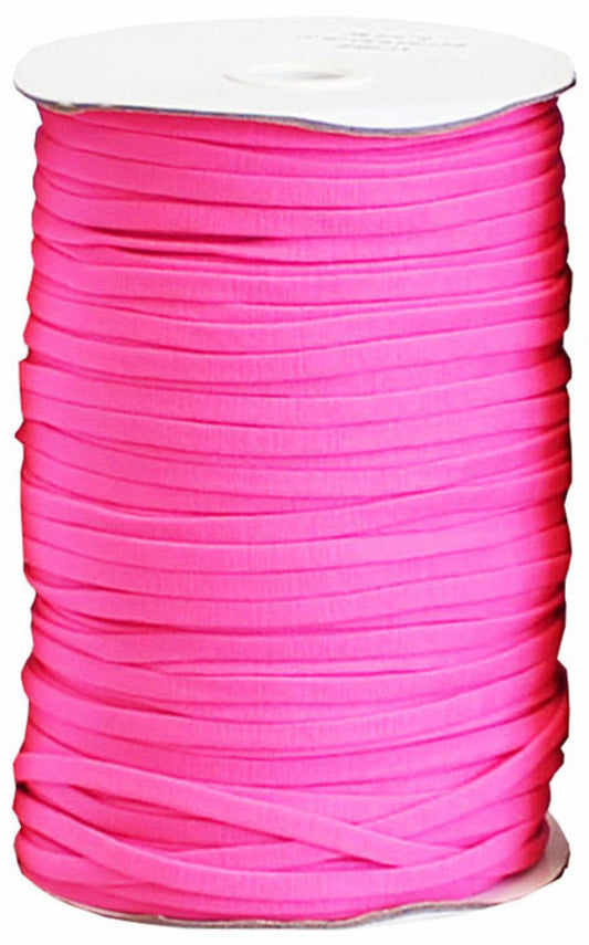 A spool of pink polyester elastic, 1/4 inch in width, bulk-wound on a white spool with a label at the top.
[image_link]