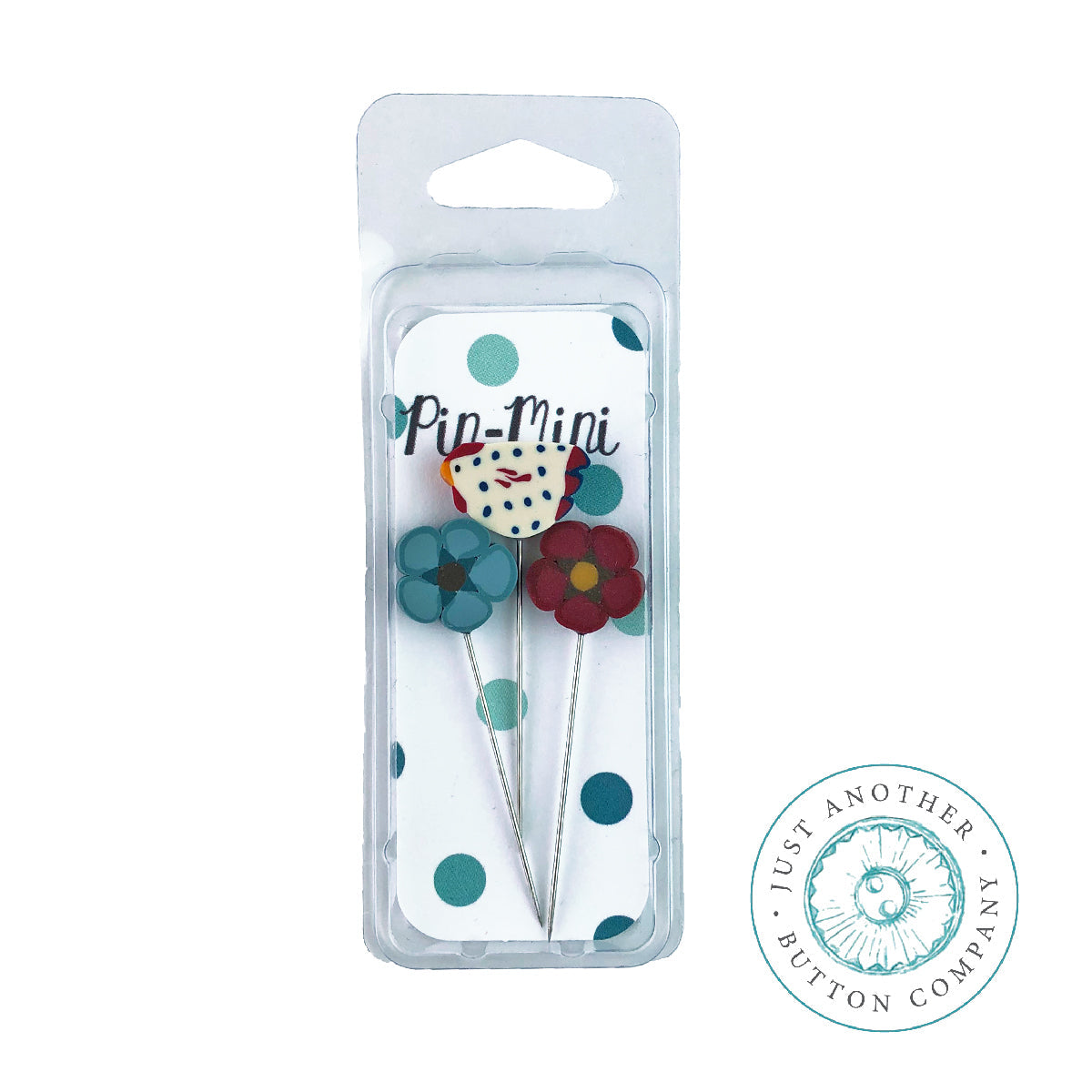Pin mini with 2 flowers and a chicken.
Photo by JustAnotherButtonCompany.com [additional_image_link]