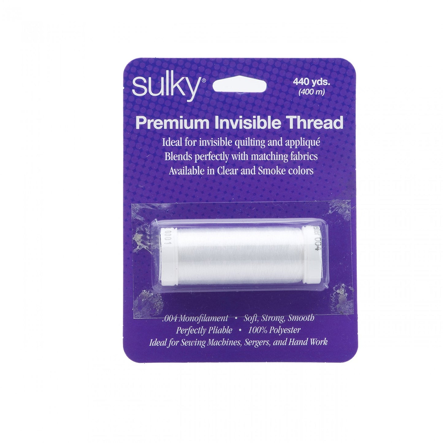 A roll of Sulky Premium Invisible Thread in Clear, packaged on a purple blister card. The packaging features white text detailing the product's features, including it being 100% polyester, monofilament, and suitable for sewing machines and hand work.
Photo by Sulky [image_link]