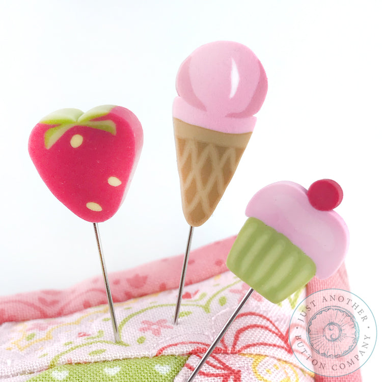 Sweetheart pins, one strawberry, one ice cream cone, one cupcake.
Photo by JustAnotherButtonCompany.com [additional_image_link]
