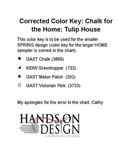 A color key correction sheet for 'Chalk for the Home: Tulip House' by Handson Design, listing color codes and names for GAST Chalk, WDW Grasshopper, GAST Melon Patch, and GAST Victorian Pink.
Photo by HandsOnDesign.biz [additional_image_link]