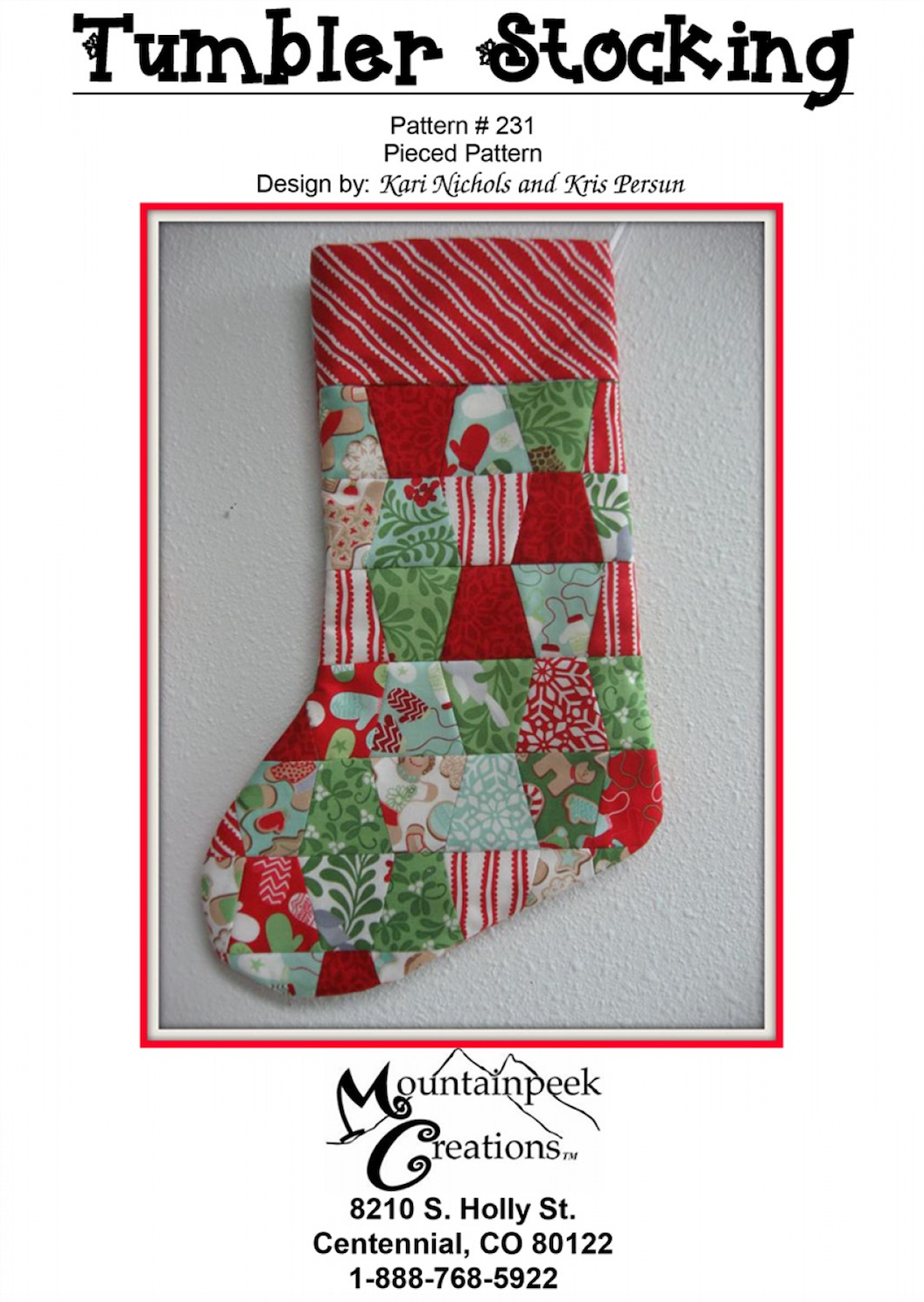 A quilted Christmas stocking with a tumbler pattern design, featuring red, green, and various festive prints.
[image_link]