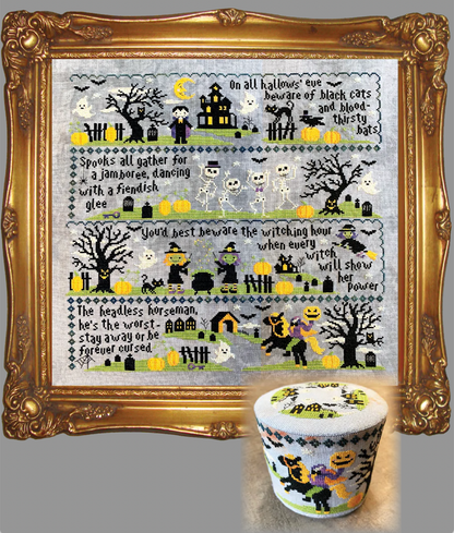 A framed Halloween-themed needlework sampler with embroidered text and seasonal motifs, shown alongside a matching small container with a printed lid.
Photo by Tiny Modernist [additional_image_link]