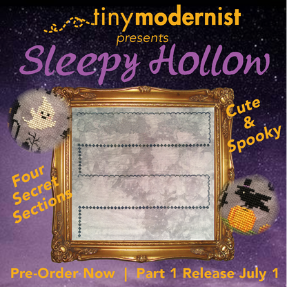Promotional graphic for a craft kit titled 'Sleepy Hollow' by tiny modernist, showing a central framed preview of a cross-stitch pattern with a ghost motif and two small finished sample circles on a purple starry background. Text highlights 'Cute & Spooky', 'Four Secret Sections', and 'Pre-Order Now | Part 1 Release July 1'.
Photo by Tiny Modernist [additional_image_link]