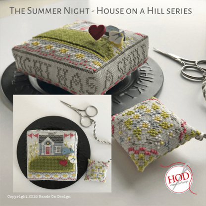 A collage showing a handmade cross-stitch pincushion in multiple views, with the text 'The Summer Night - House on a Hill Series' at the top and a HOD logo at the bottom right. The pincushion features a floral pattern with a central house design.
Photo by HandsOnDesign.biz [image_link]