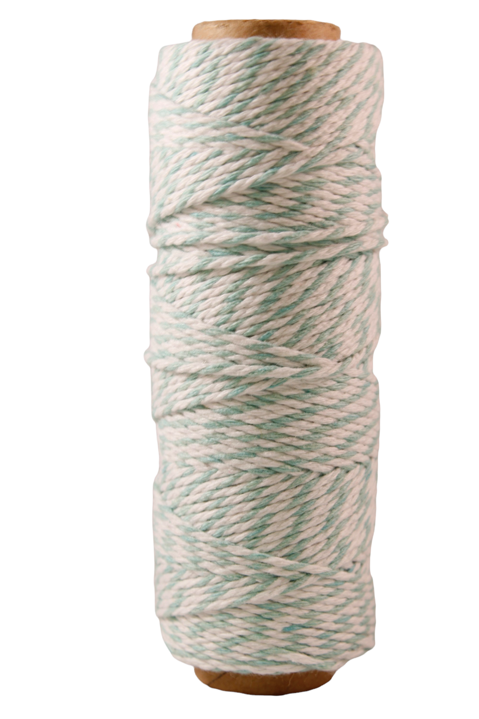 A spool of twisted cotton twine in a variegated pattern of mint green and off-white, wound on a natural wood core against a plain white background.
Photo by May Arts [additional_image_link]