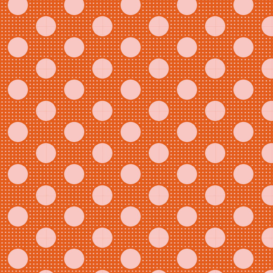 A repeating pattern of large light pink polka dots on a bright orange background with fine white dotted lines.
Photo by Tildafabrics.com [additional_image_link]