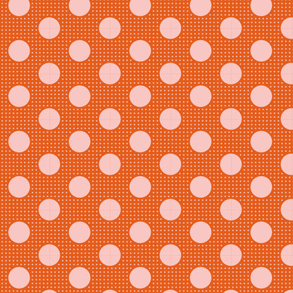 A repeating pattern of large light pink polka dots on a bright orange background with fine white dotted lines.
Photo by Tildafabrics.com [additional_image_link]