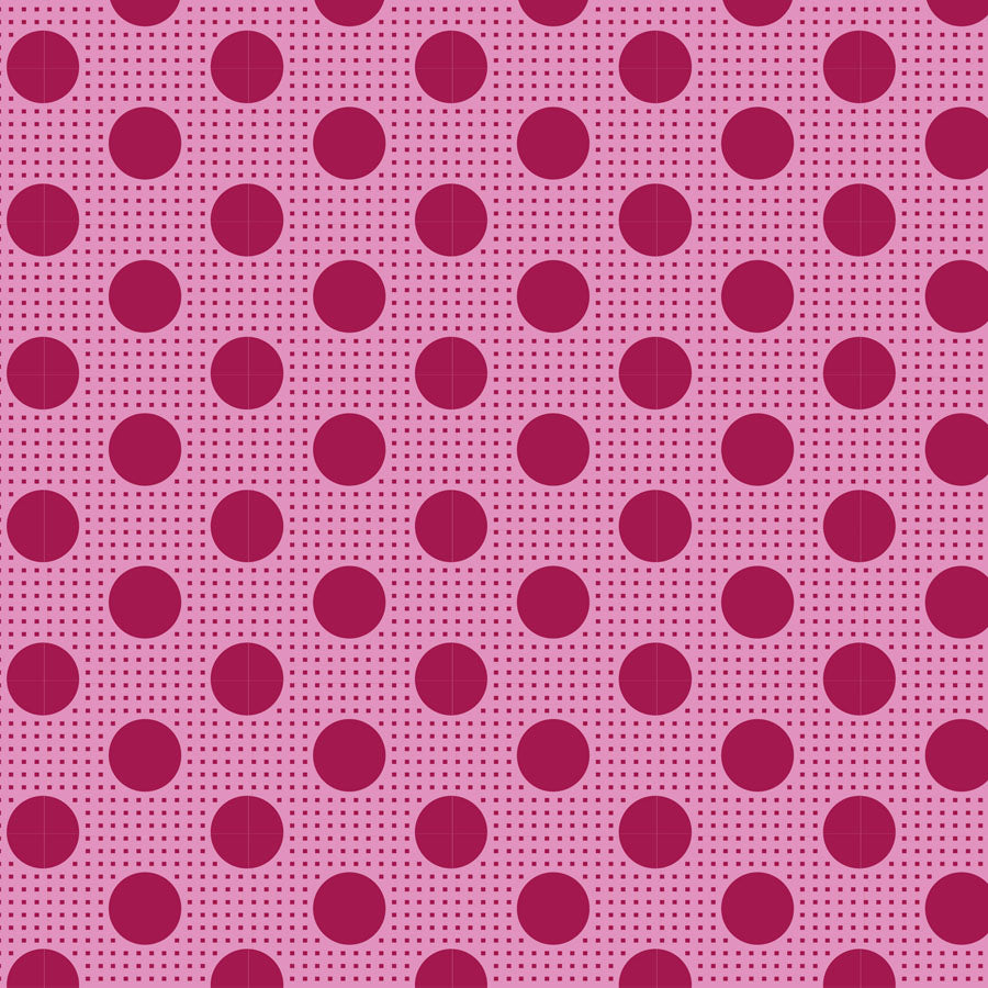 A repeating pattern of large magenta polka dots on a pink background with a fine dotted texture.
Photo by Tildafabrics.com [image_link]