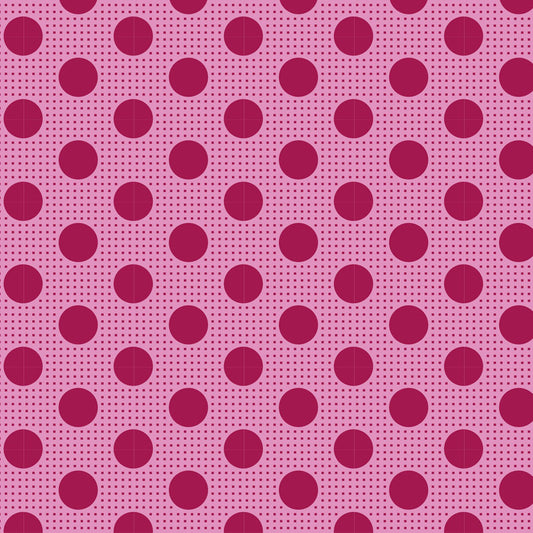 A repeating pattern of large magenta polka dots on a pink background with a fine dotted texture.
Photo by Tildafabrics.com [image_link]