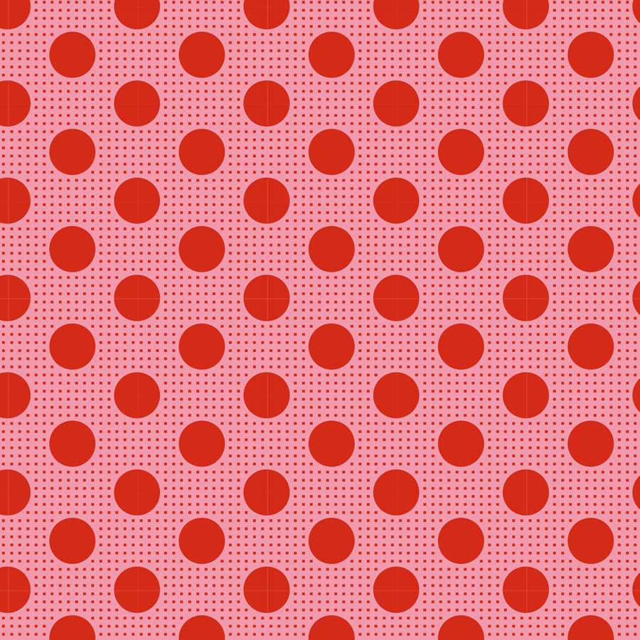 Pattern of red polka dots on a pink background.
Photo by Tildafabrics.com [image_link]
