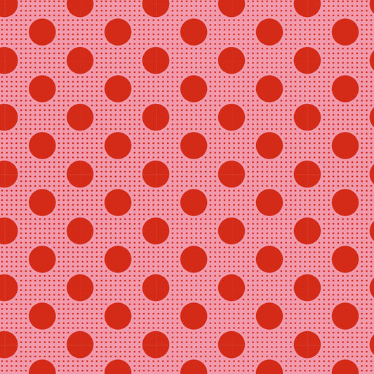Pattern of red polka dots on a pink background.
Photo by Tildafabrics.com [image_link]