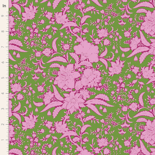 A fabric from the Tilda Bloomsville Abloom collection featuring a floral pattern in pink and green shades.
Photo by Tildafabrics.com [image_link]