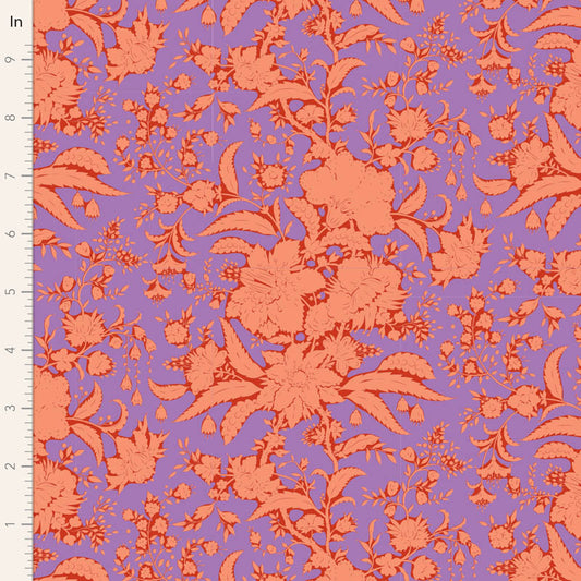 A piece of fabric with a floral pattern in purple and orange colors.
Photo by Tildafabrics.com [image_link]