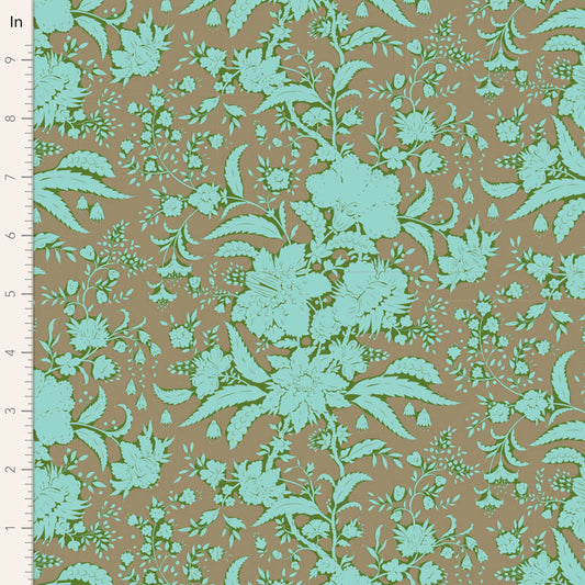 A yard of Bloomsville Abloom Blender fabric featuring a floral pattern with mushrooms and other plants in brown and green on a beige background, with a ruler at the edge for scale.
Photo by Tildafabrics.com [image_link]