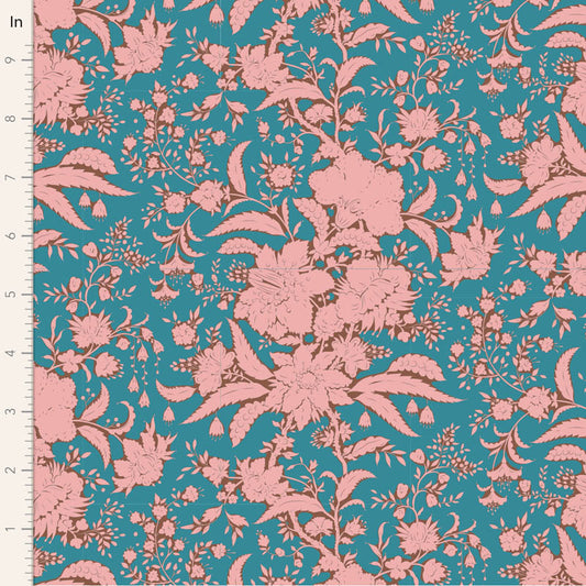A piece of fabric with a floral pattern in petrol and pink colors.
Photo by Tildafabrics.com [image_link]