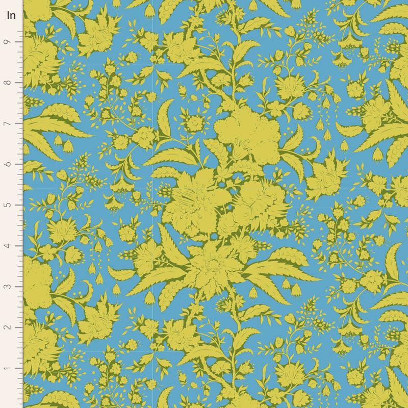 A yardage swatch of Tilda Bloomsville Abloom Blender Sky fabric featuring a blue floral pattern on a yellow background.
Photo by Tildafabrics.com [image_link]