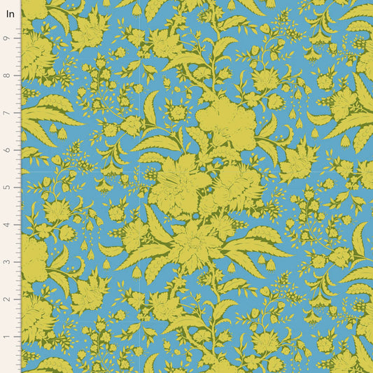 A yardage swatch of Tilda Bloomsville Abloom Blender Sky fabric featuring a blue floral pattern on a yellow background.
Photo by Tildafabrics.com [image_link]