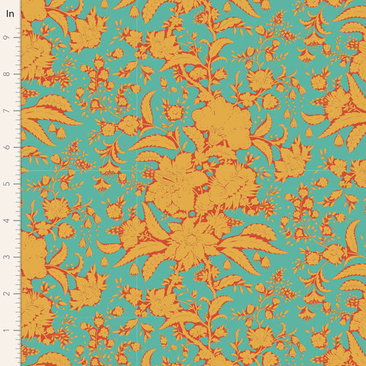 A yard of Bloomsville Abloom Blender fabric by Tone Finnanger for Tilda Fabrics, displaying a turquoise background with a floral pattern in orange and yellow tones.
Photo by Tildafabrics.com [image_link]