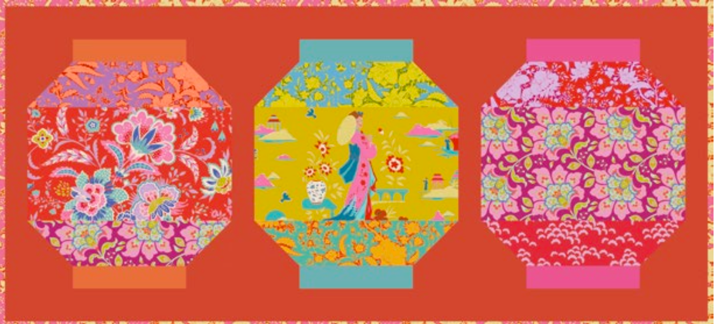 Three decorative lantern-shaped  quilted panels with colorful traditional patterns, shown side by side on a warm red-orange background.
Photo by Tildafabrics.com [additional_image_link]