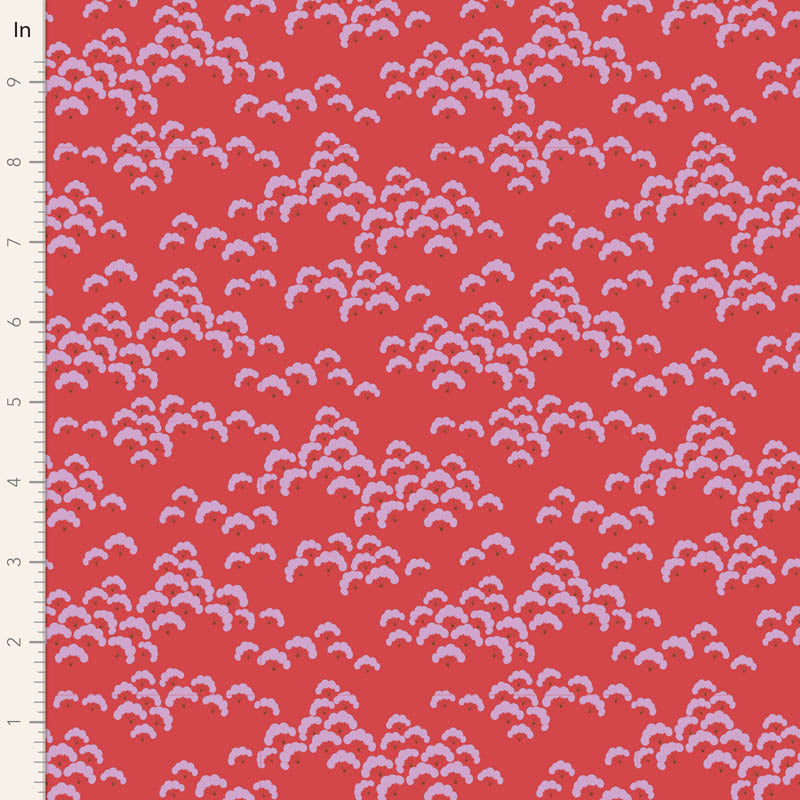A red fabric with a floral pattern featuring large imaginative flowers, part of the Bloomsville Cottonbloom Paprika collection.
Photo by Tildafabrics.com [image_link]
