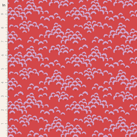 A red fabric with a floral pattern featuring large imaginative flowers, part of the Bloomsville Cottonbloom Paprika collection.
Photo by Tildafabrics.com [image_link]