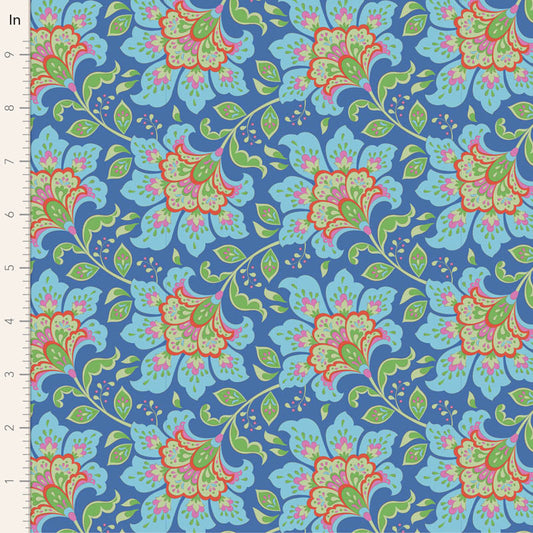 A yardage of floral print fabric featuring large flowers with green leaves on a blue background, part of the Bloomsville Flowermarket collection.
Photo by Tildafabrics.com [image_link]