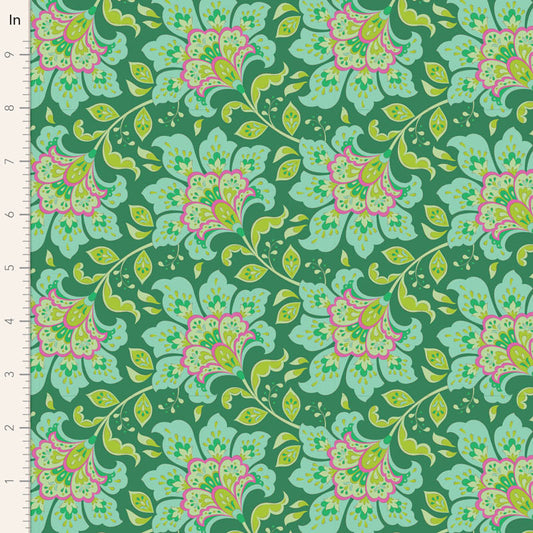 A piece of floral patterned fabric from the Bloomsville Flowermarket Pine collection, displaying a green background with detailed floral designs in pink and yellow.
Photo by Tildafabrics.com [image_link]