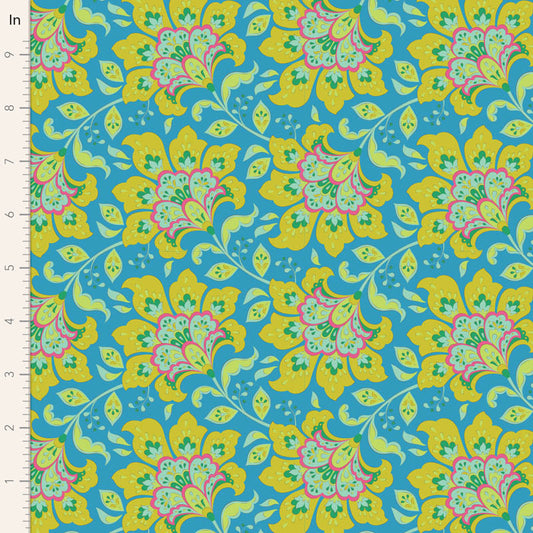 Yardage of floral fabric featuring large yellow flowers with green leaves on a blue background, designed by Tone Finnanger for Tilda Fabrics.
Photo by Tildafabrics.com [image_link]