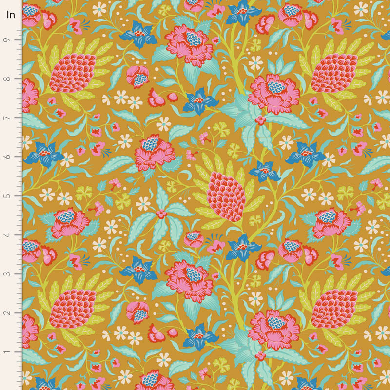 Yardage of the Bloomsville Flowertangle Mustard fabric featuring a floral pattern with prominent yellow, red, and blue flowers on a mustard background.
Photo by Tildafabrics.com [image_link]