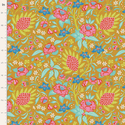 Yardage of the Bloomsville Flowertangle Mustard fabric featuring a floral pattern with prominent yellow, red, and blue flowers on a mustard background.
Photo by Tildafabrics.com [image_link]