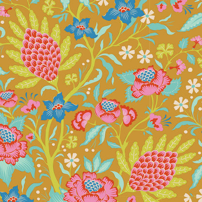 Yardage of the Bloomsville Flowertangle Mustard fabric featuring a floral pattern with prominent yellow, red, and blue flowers on a mustard background.
Photo by Tildafabrics.com [additional_image_link]