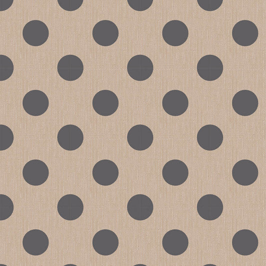 A repeating pattern of dark gray polka dots on a warm beige linen-textured background.
Photo by Tildafabrics.com [image_link]