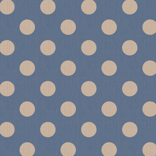 A repeating pattern of large beige polka dots on a textured medium blue fabric background.
Photo by Tildafabrics.com [image_link]