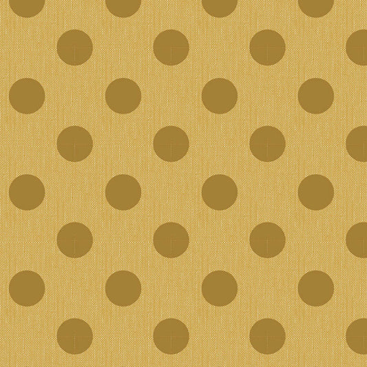 A repeating pattern of dark brown polka dots on a textured mustard yellow fabric background.
Photo by Tildafabrics.com [image_link]